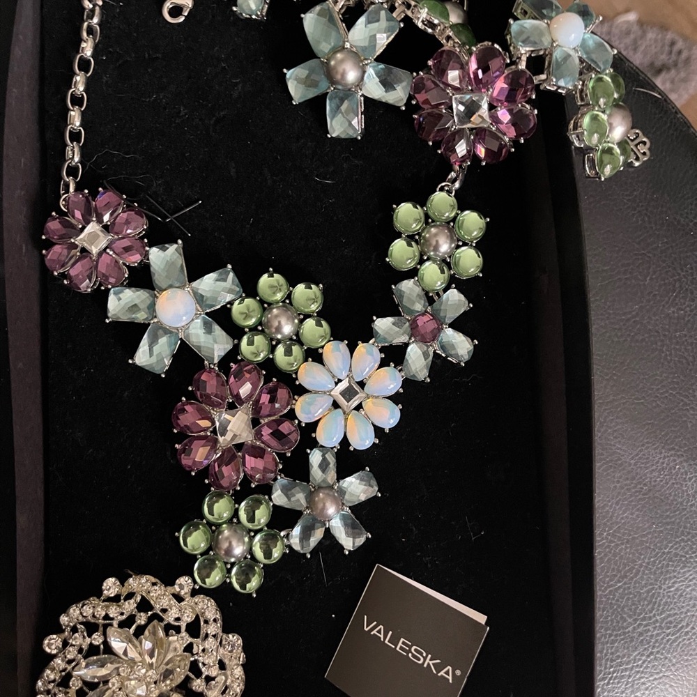Purple and Green Floral Necklace with Intricate Design